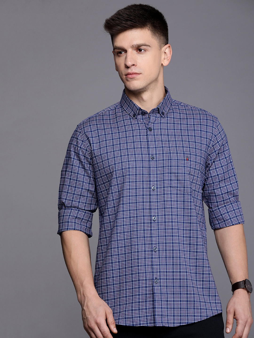 

Louis Philippe Sport Pure Cotton Slim Fit Checked Casual Shirt, Navy blue