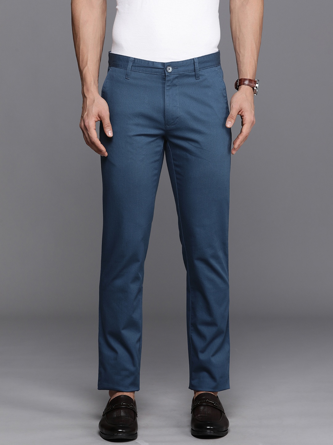 

Louis Philippe Sport Men Striped Slim Fit Low-Rise Chinos Semiformal Trousers, Navy blue