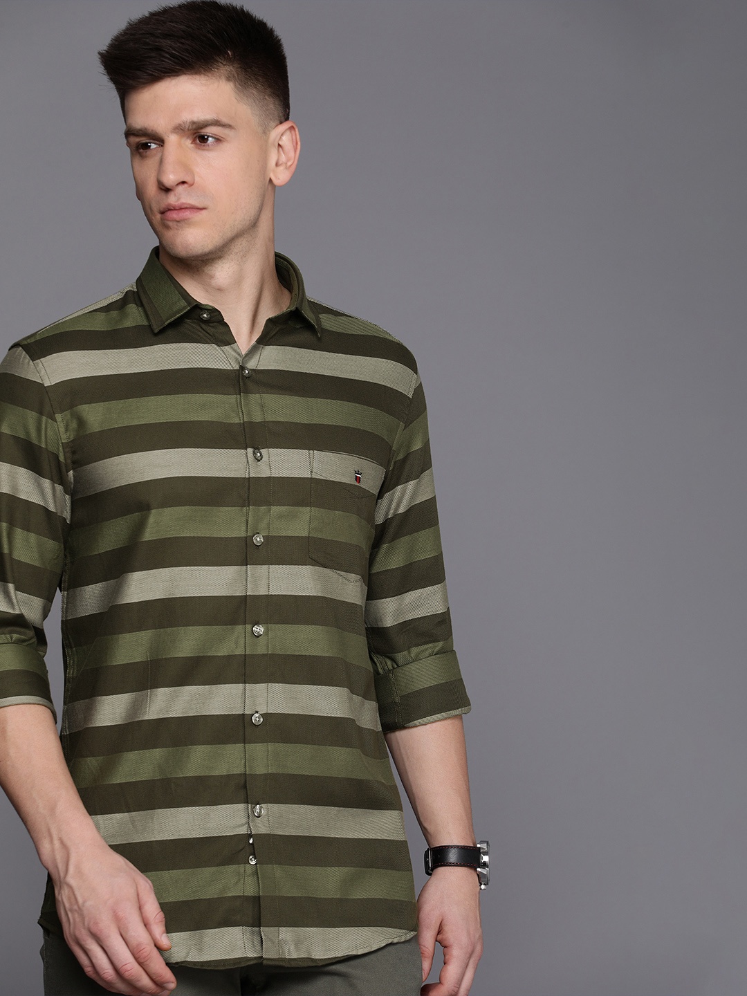 

Louis Philippe Sport Super Slim Fit Horizontal Striped Pure Cotton Casual Shirt, Olive