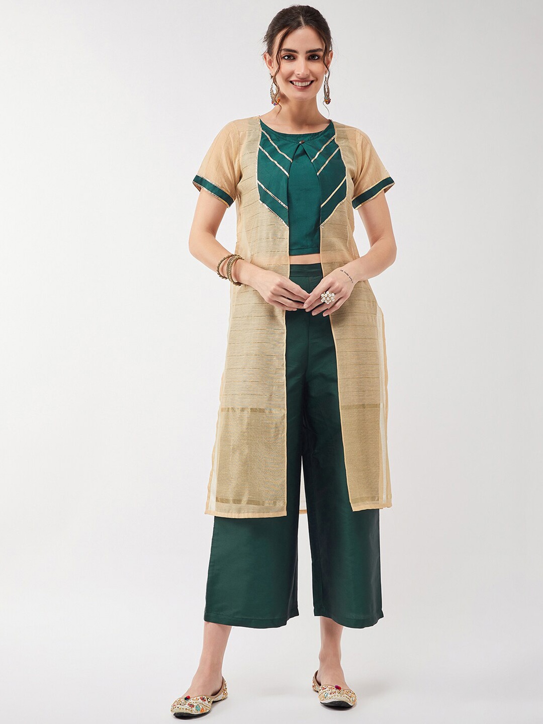 

Pannkh Round Neck Top With Palazzo & Jacket, Green