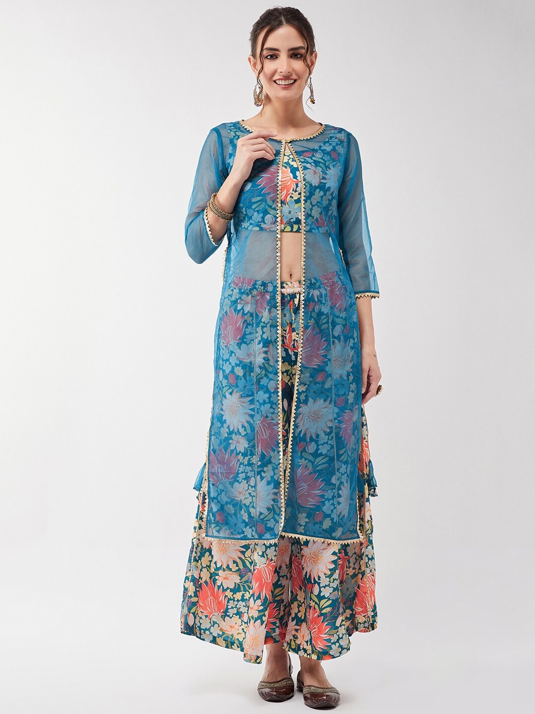 

Pannkh Floral Printed Top & Organza Shrug 3-Piece Ethnic Co-ords Set, Blue