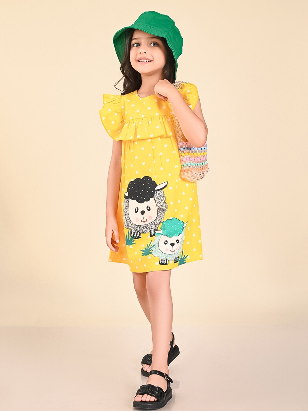 

LilPicks Girls Conversational Printed Ruffles A-Line Dress, Yellow