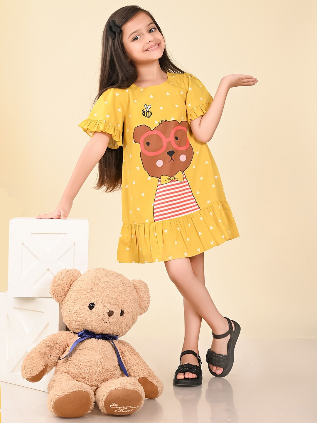 

LilPicks Girls Graphic Printed Flared Sleeves Cotton Drop Waist Dress, Yellow