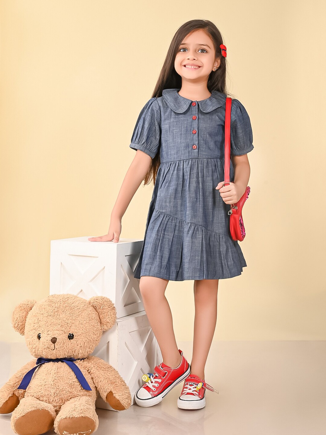 

LilPicks Girls Peter Pan Collar Puffed Sleeves Cotton A-Line Dress, Blue
