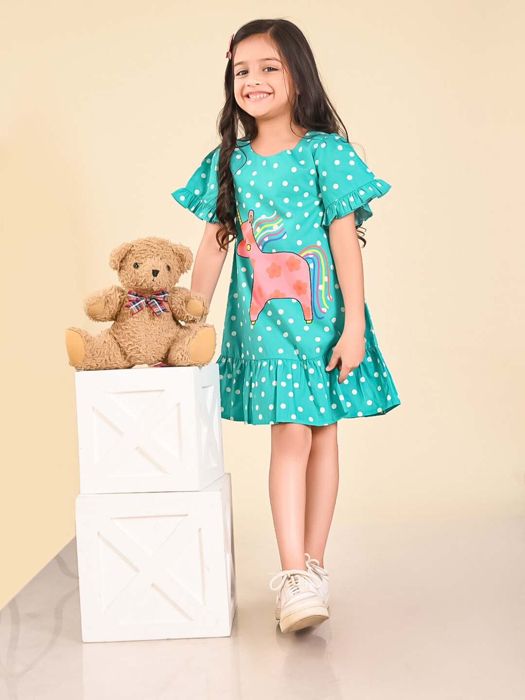 

LilPicks Girls Polka Dot Printed Flared Sleeve Cotton A-Line Dress, Blue