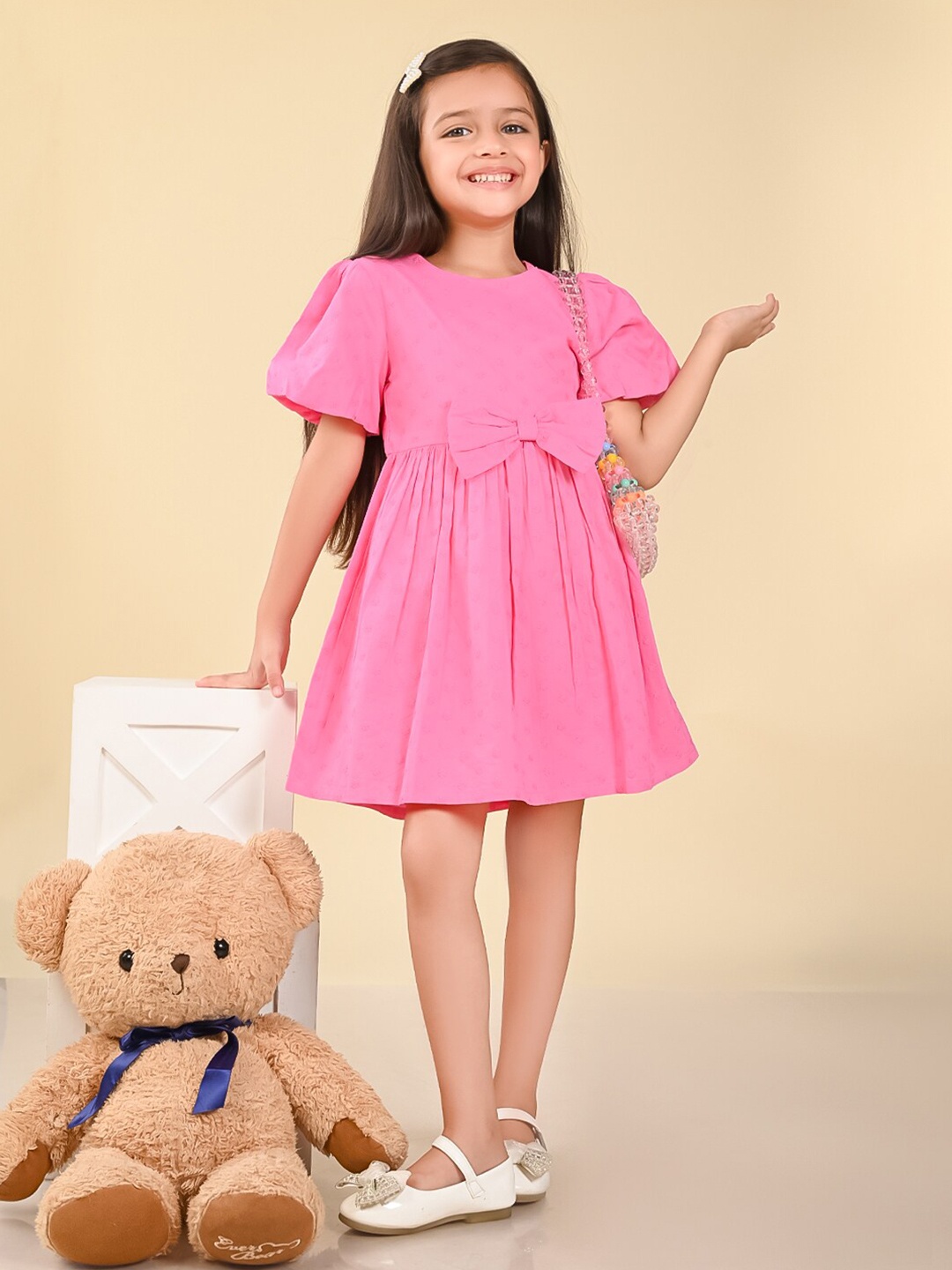 

LilPicks Girls Floral Embroidered Puffed Sleeves Cotton Fit & Flare Dress, Pink
