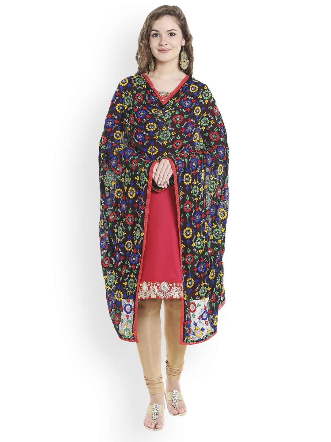 

Dupatta Bazaar Black & Red Embroidered Dupatta with Phulkari