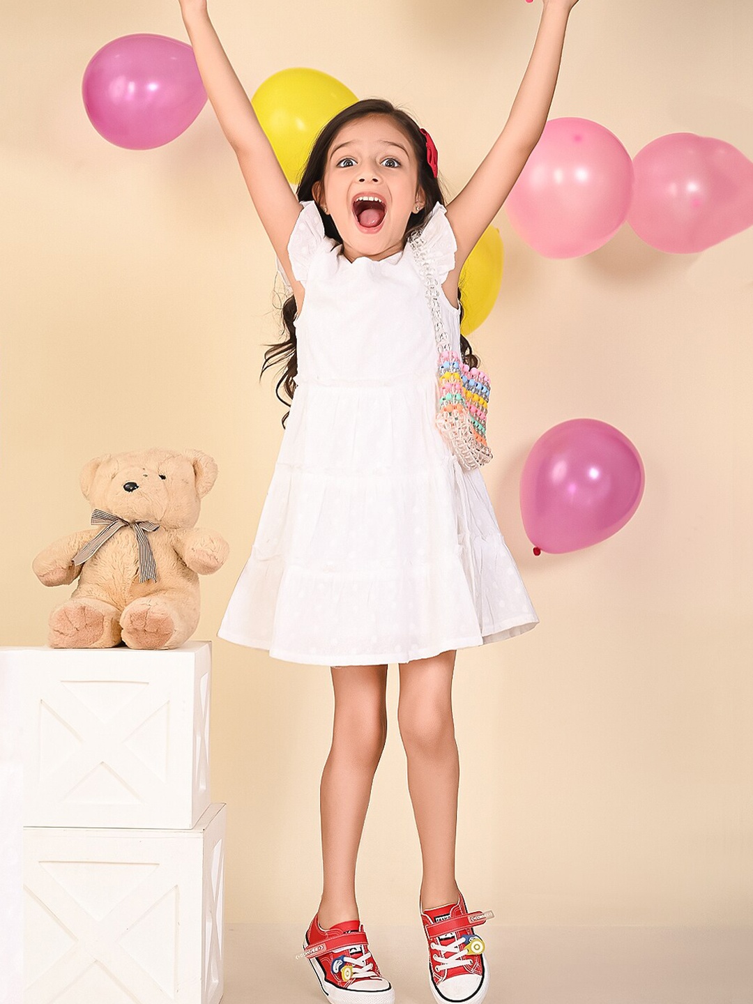 

LilPicks Girls Floral Embroidered Cap Sleeve Gathered Tiered Cotton A-Line Dress, White