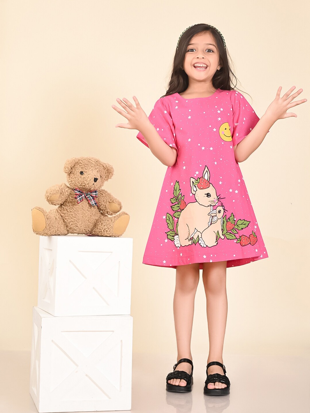 

LilPicks Girls Graphic Printed Cotton A-line Dress, Pink