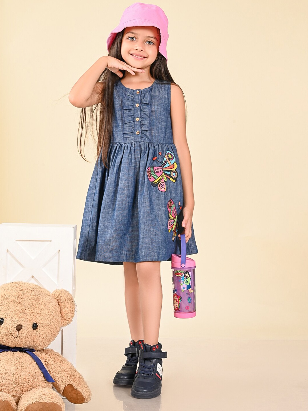 

LilPicks Girls Embroidered Cotton A-Line Dress, Blue