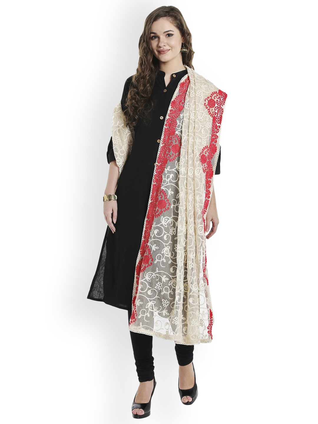 

Dupatta Bazaar Cream-Coloured & Red Embroidered Dupatta