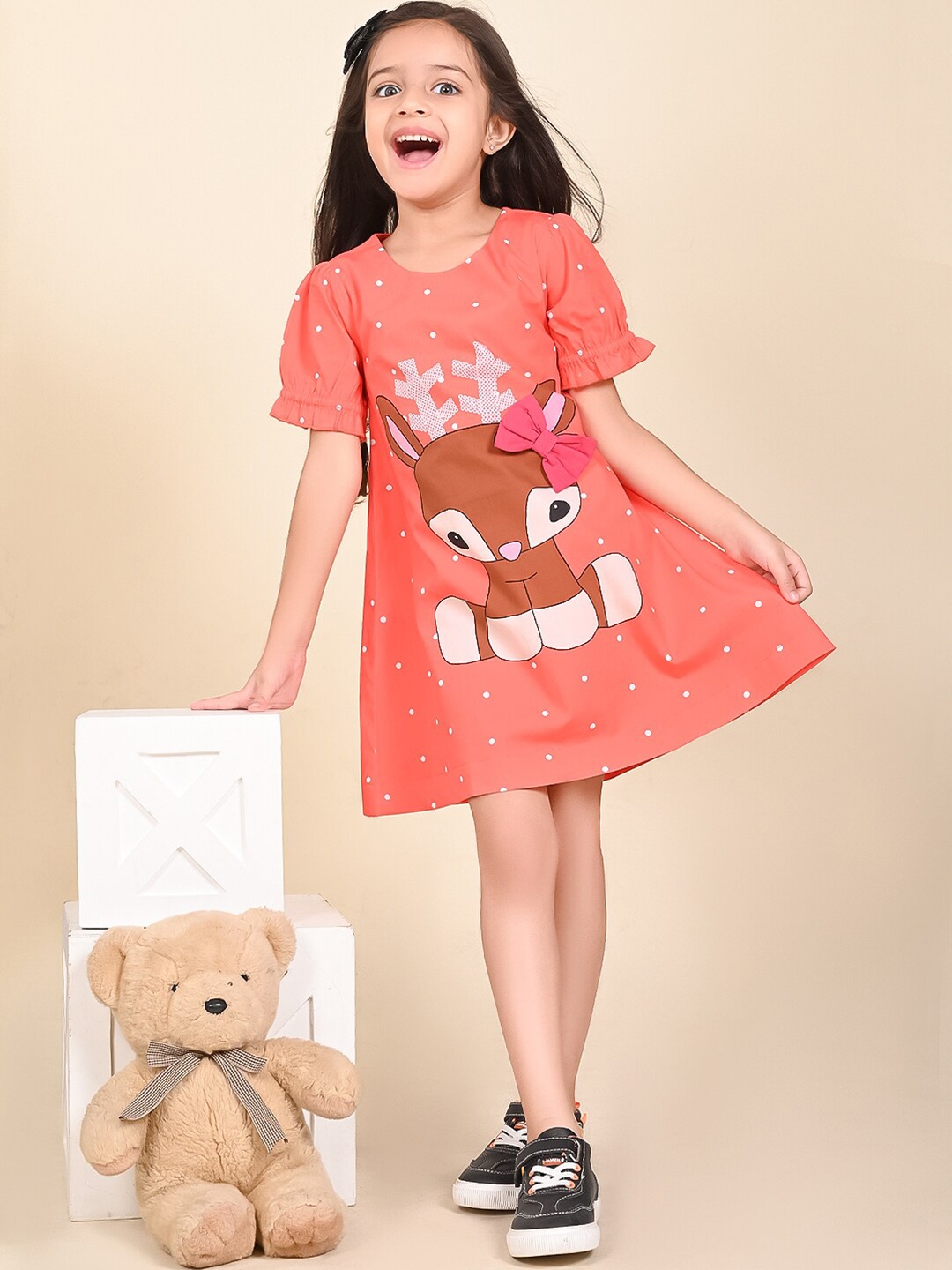 

LilPicks Girls Graphic Printed Puff Sleeve Bow Pure Cotton A-Line Dress, Orange