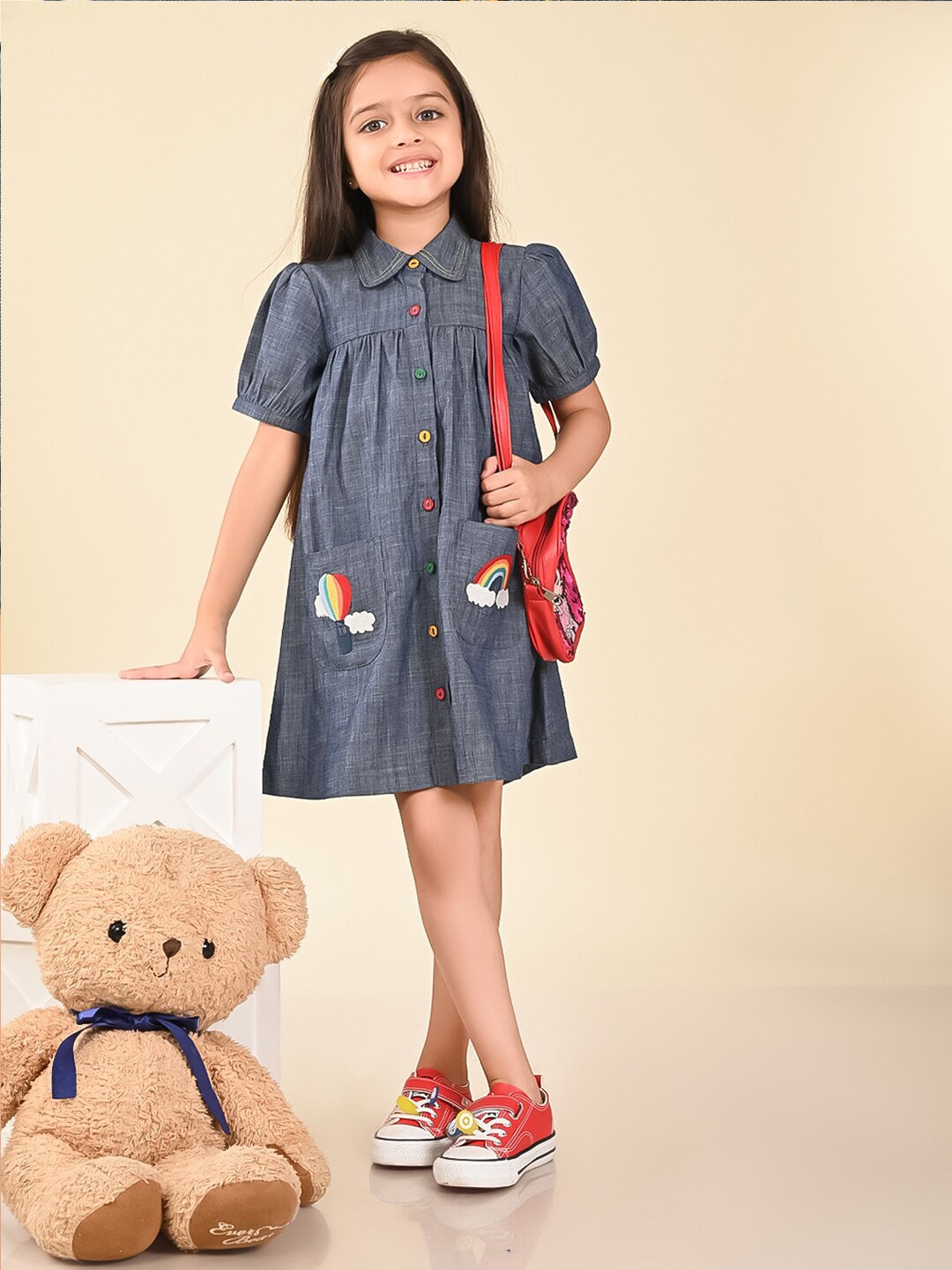 

LilPicks Girls Shirt Collar Puff Sleeve Embroidered Pure Cotton Shirt Dress, Blue