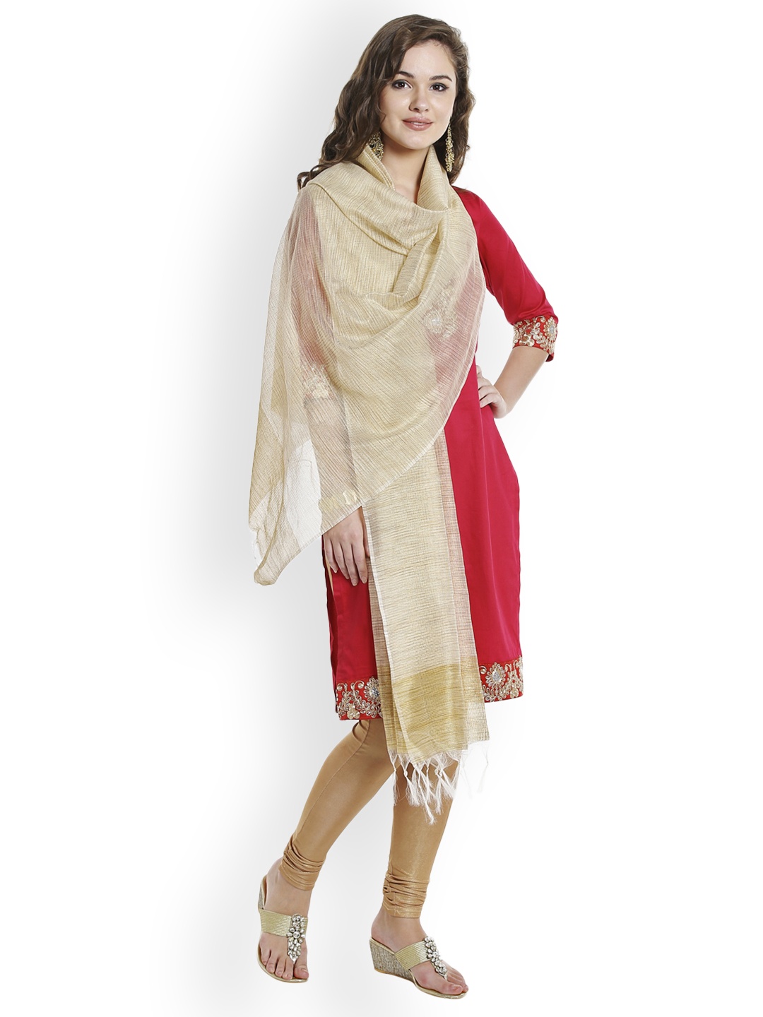 

Dupatta Bazaar Beige & Gold-Toned Woven Design Dupatta