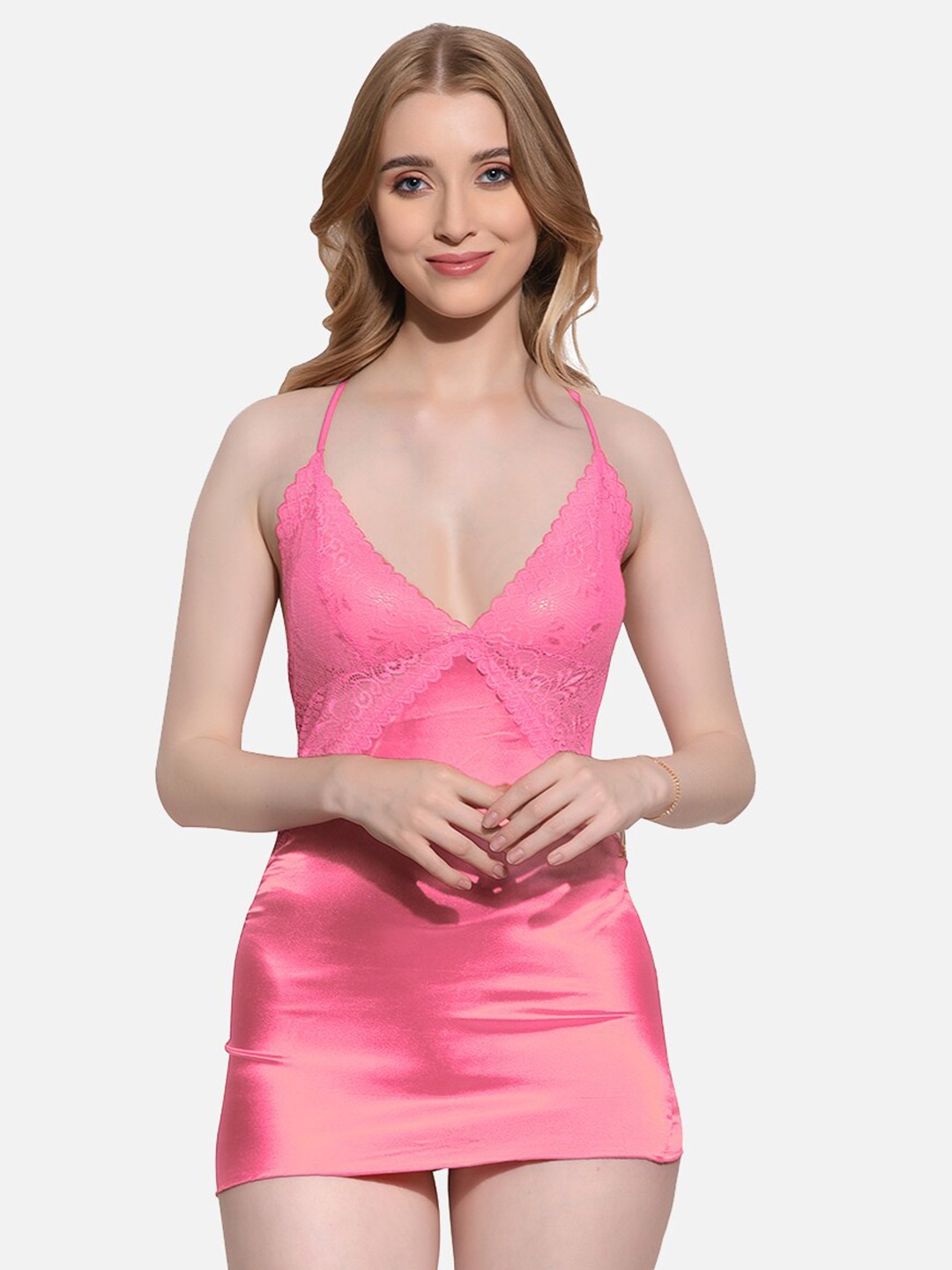 

FIMS Self Design Shoulder Straps Satin Baby Doll, Pink
