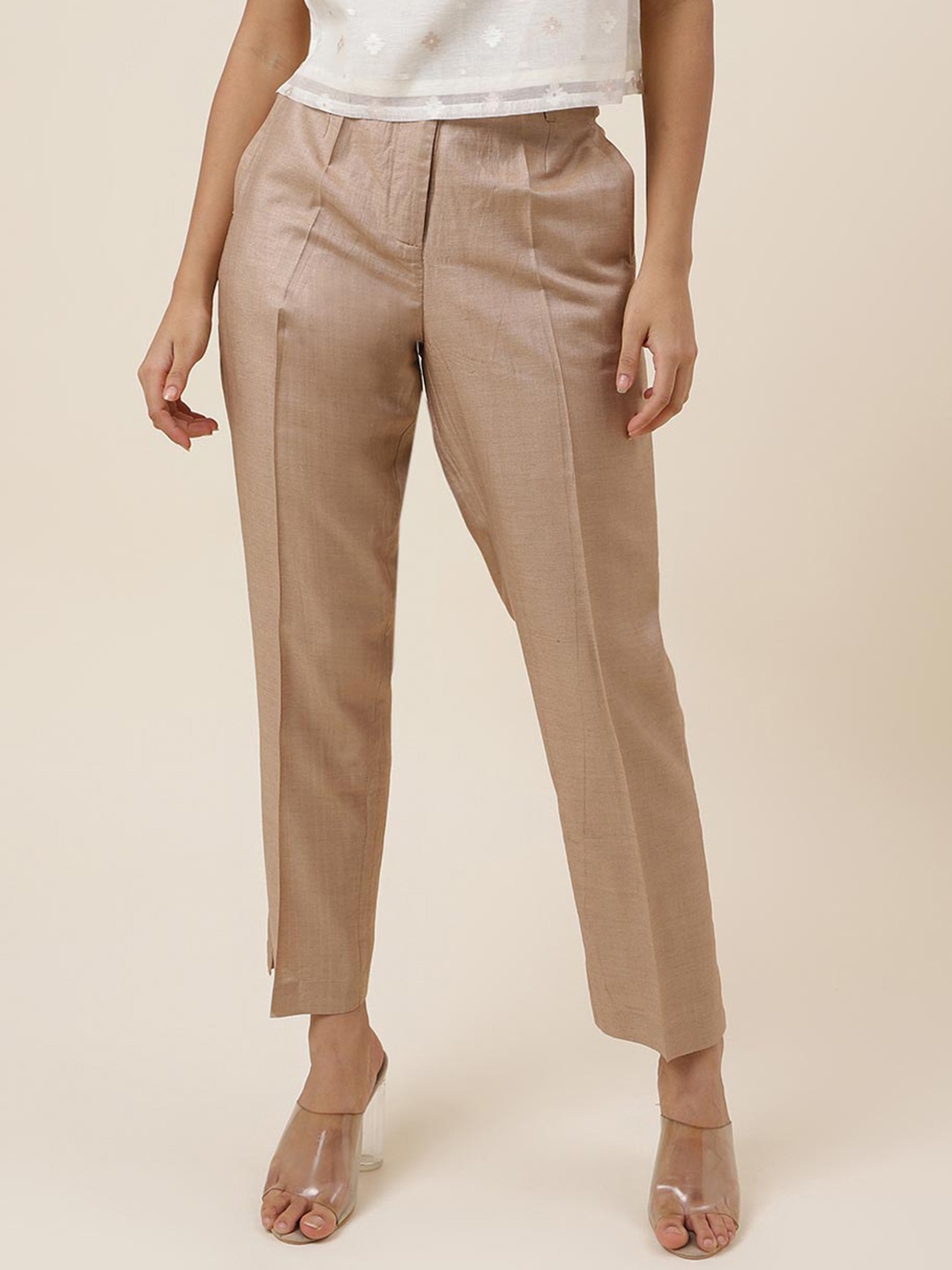 

Fabindia Women Slim Fit Silk Trousers, Gold