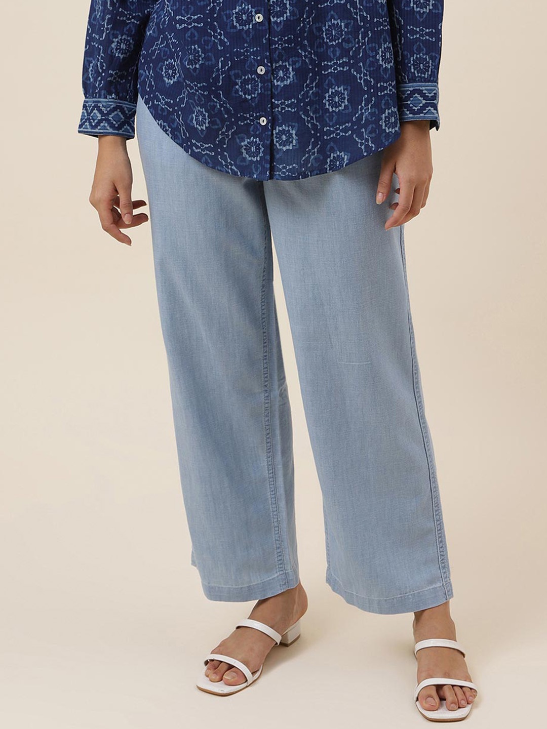 

Fabindia Women Mid-Rise Cotton Parallel Trousers, Blue