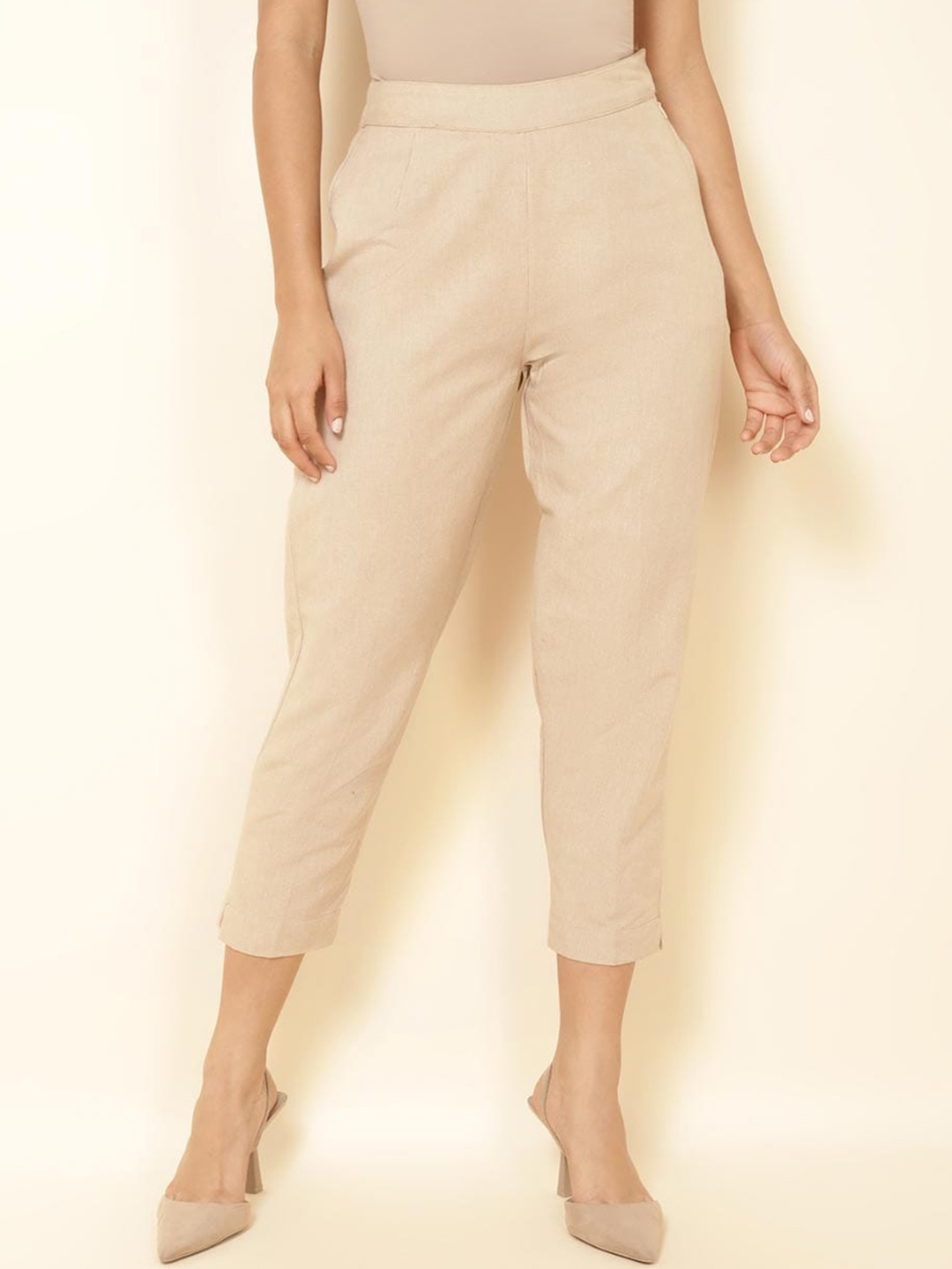 

Fabindia Women Cropped Cotton Cigarette Trousers, Beige