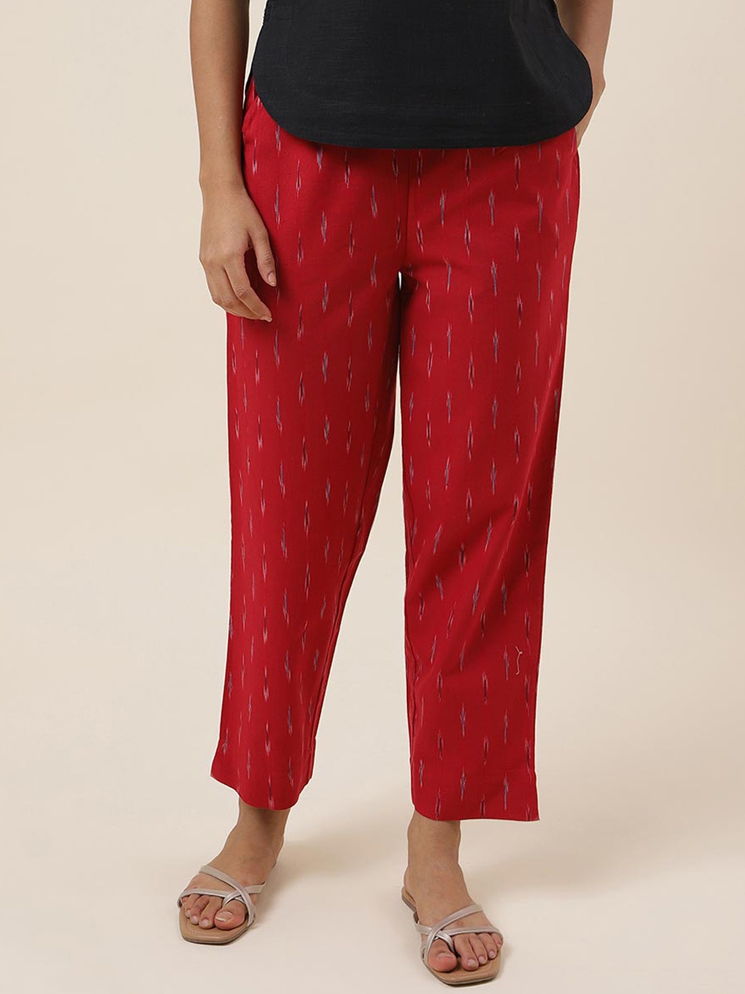 

Fabindia Women Ethnic Motifs Printed Tapered Fit Trousers, Red