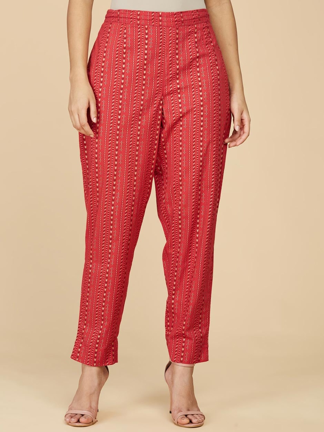 

Fabindia Women Ethnic Motifs Pleated Cigarette Trousers, Red