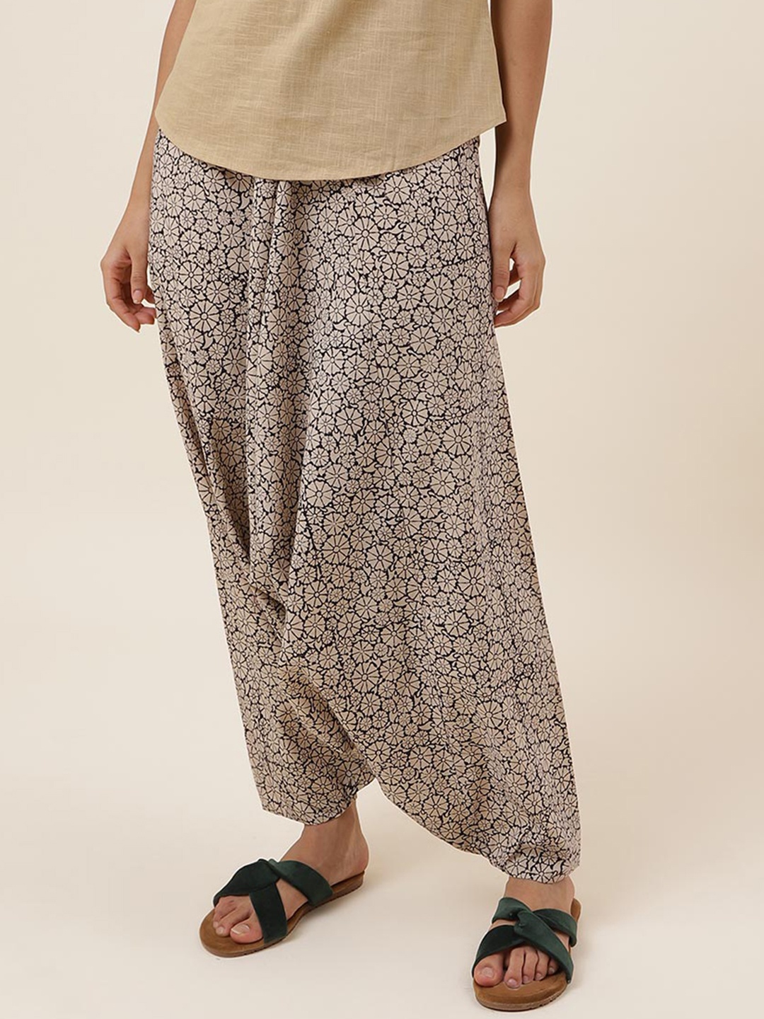 

Fabindia Women Printed Cotton Kalamkari Harem Trousers, Beige