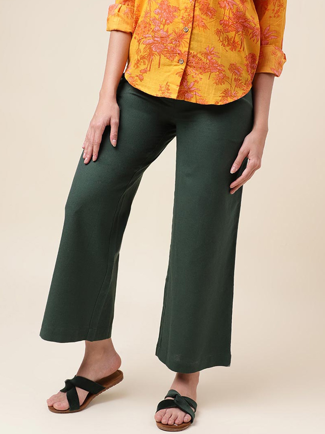 

Fabindia Women Mid-Rise Cotton Linen Parallel Trousers, Green