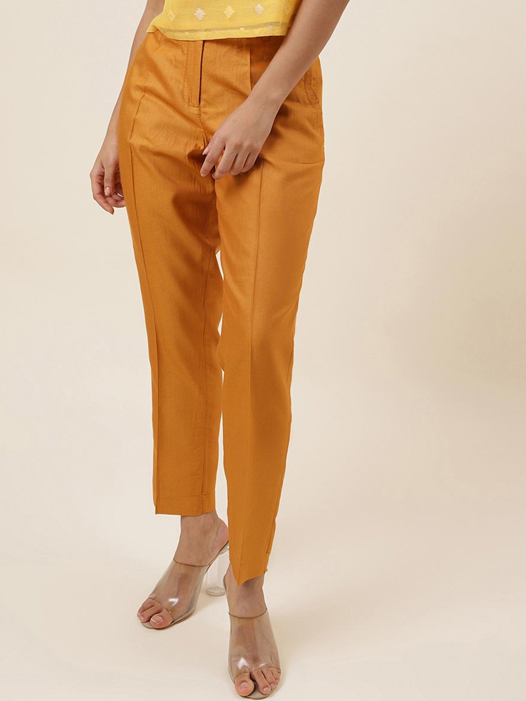 

Fabindia Women Slim Fit Cigarette Trousers, Mustard