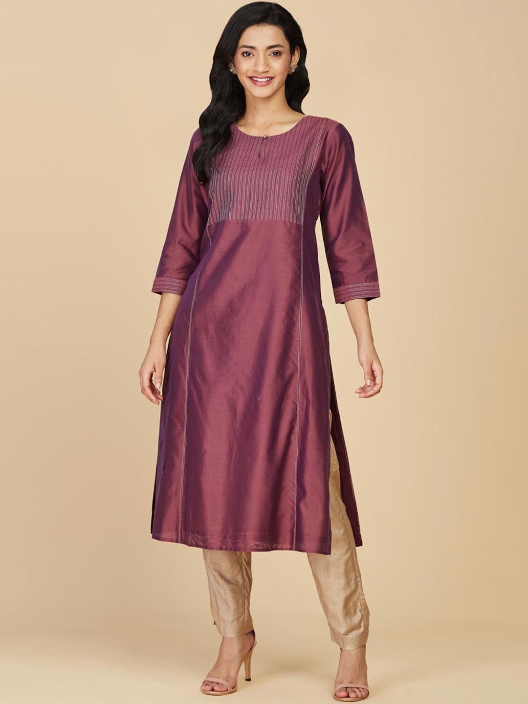 

Fabindia Yoke Design Zari Detail Panelled Cotton Silk Kurta, Purple