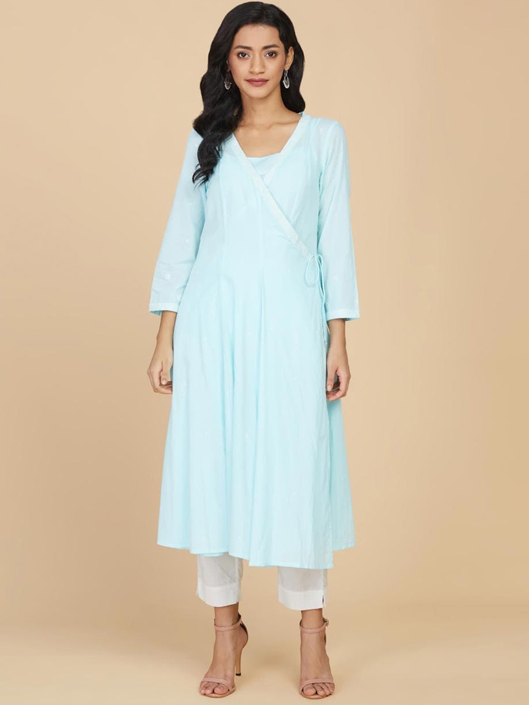 

Fabindia Ethnic Motifs Embroidered Chikankari Angrakha A-Line Cotton Kurta With Slip, Blue