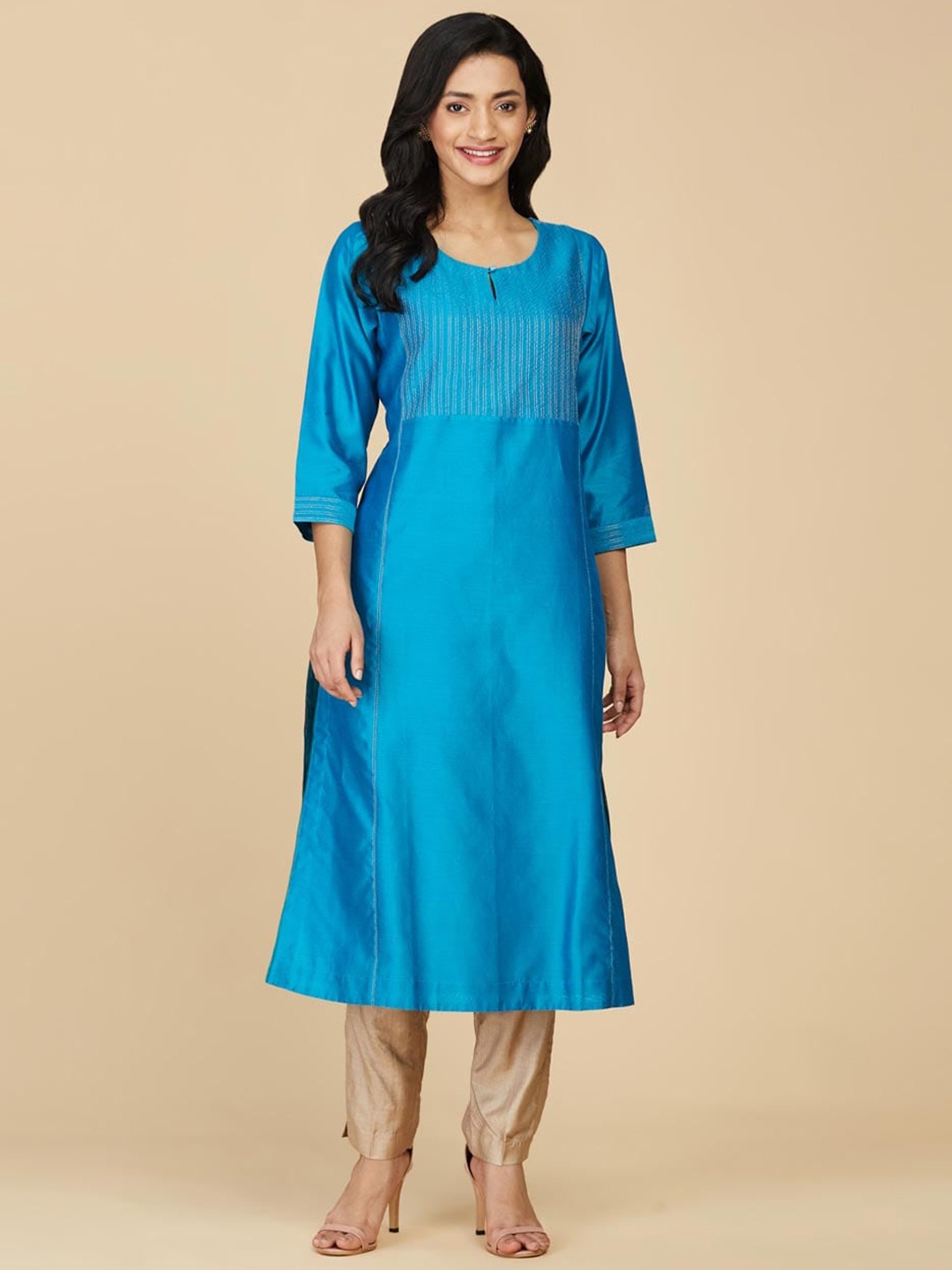 

Fabindia Yoke Design Keyhole Neck Zari Detail Panelled Cotton Silk Kurta, Turquoise blue