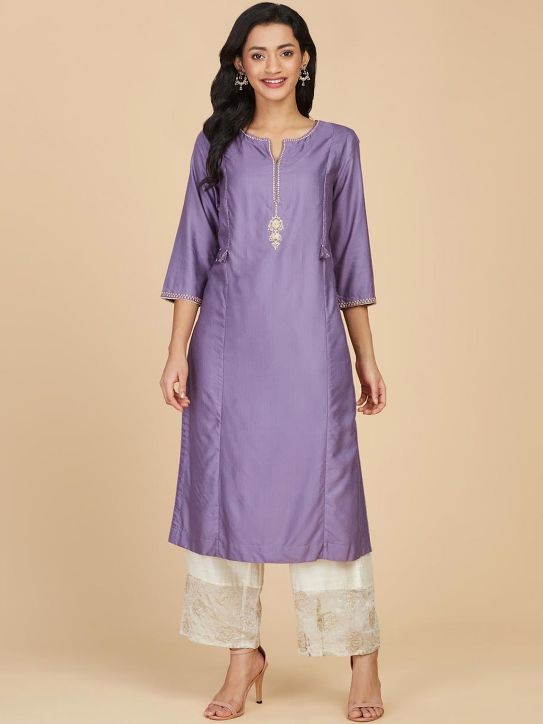 

Fabindia Yoke Design Embroidered Straight Kurta, Purple