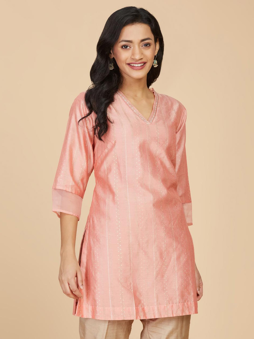 

Fabindia Striped Woven Design Straight Cotton Silk Kurta, Pink