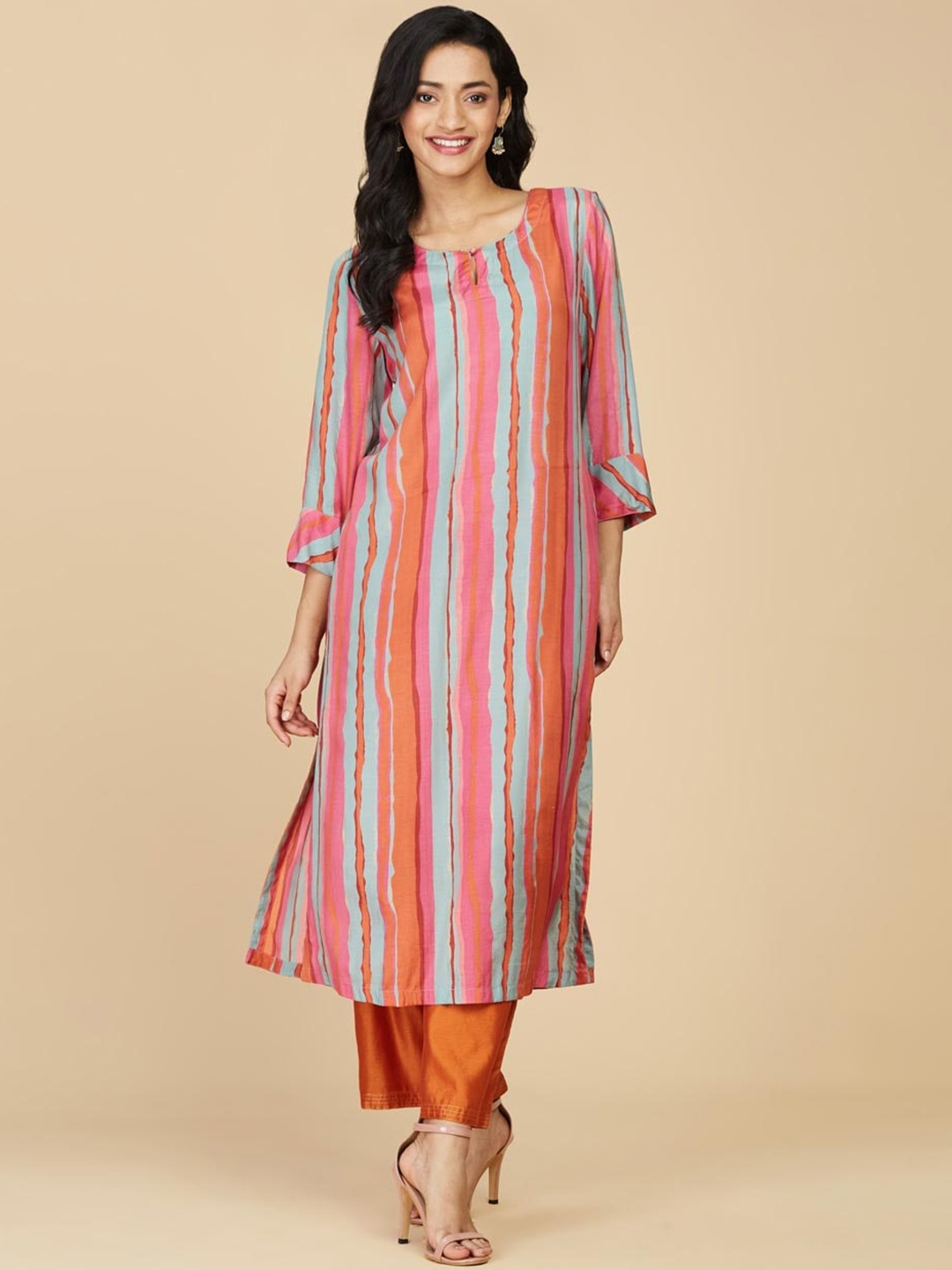 

Fabindia Striped Keyhole Neck Straight Kurta, Pink