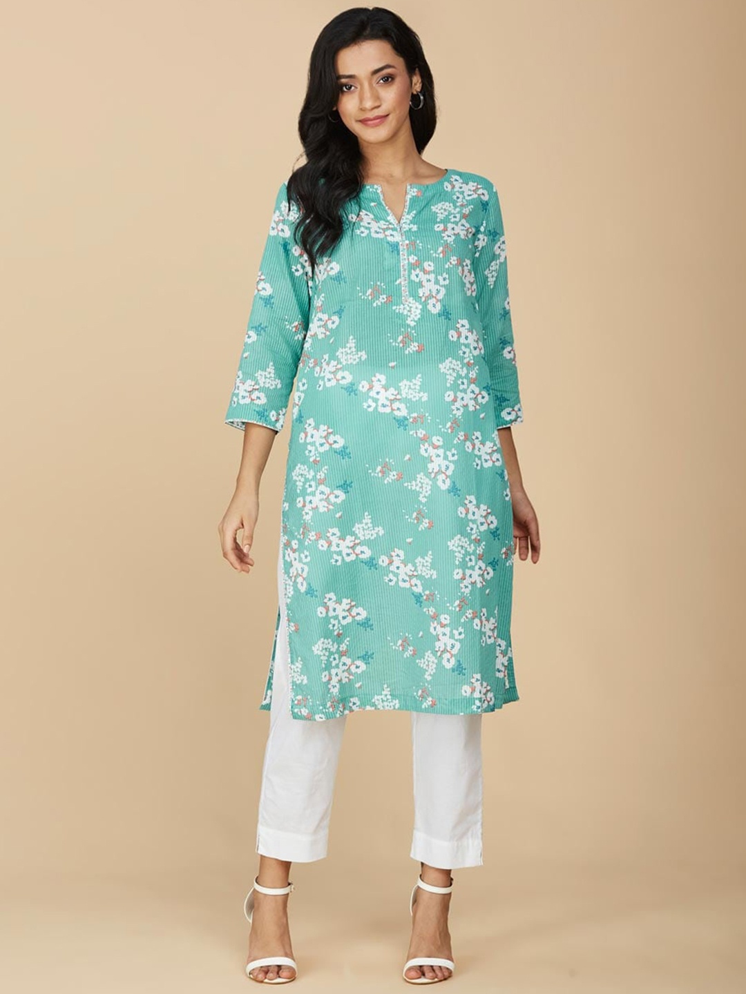 

Fabindia Floral Printed Straight Pure Cotton Kurta, Blue