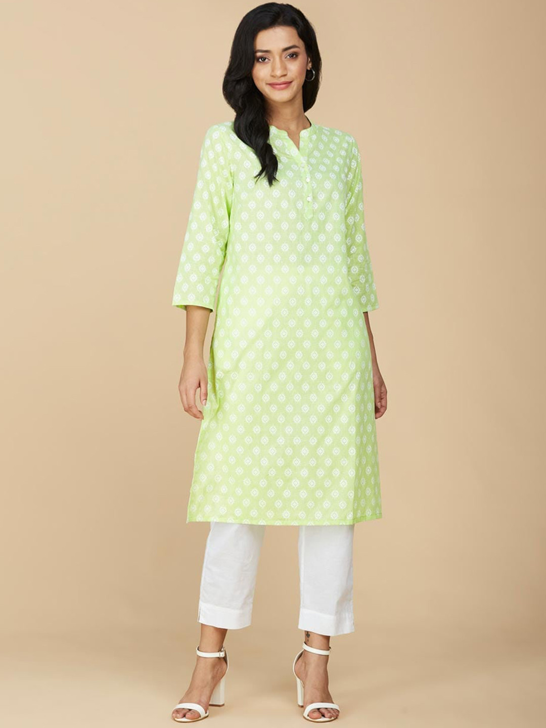 

Fabindia Geometric Printed Pure Cotton Straight Kurta, Green