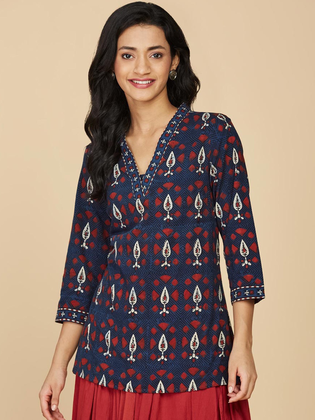 

Fabindia Ethnic Motifs Printed Pure Cotton Straight Kurti, Blue