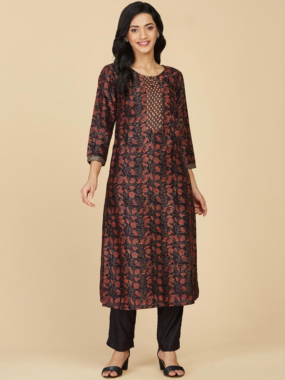 

Fabindia Floral Printed A-Line Kurta, Black