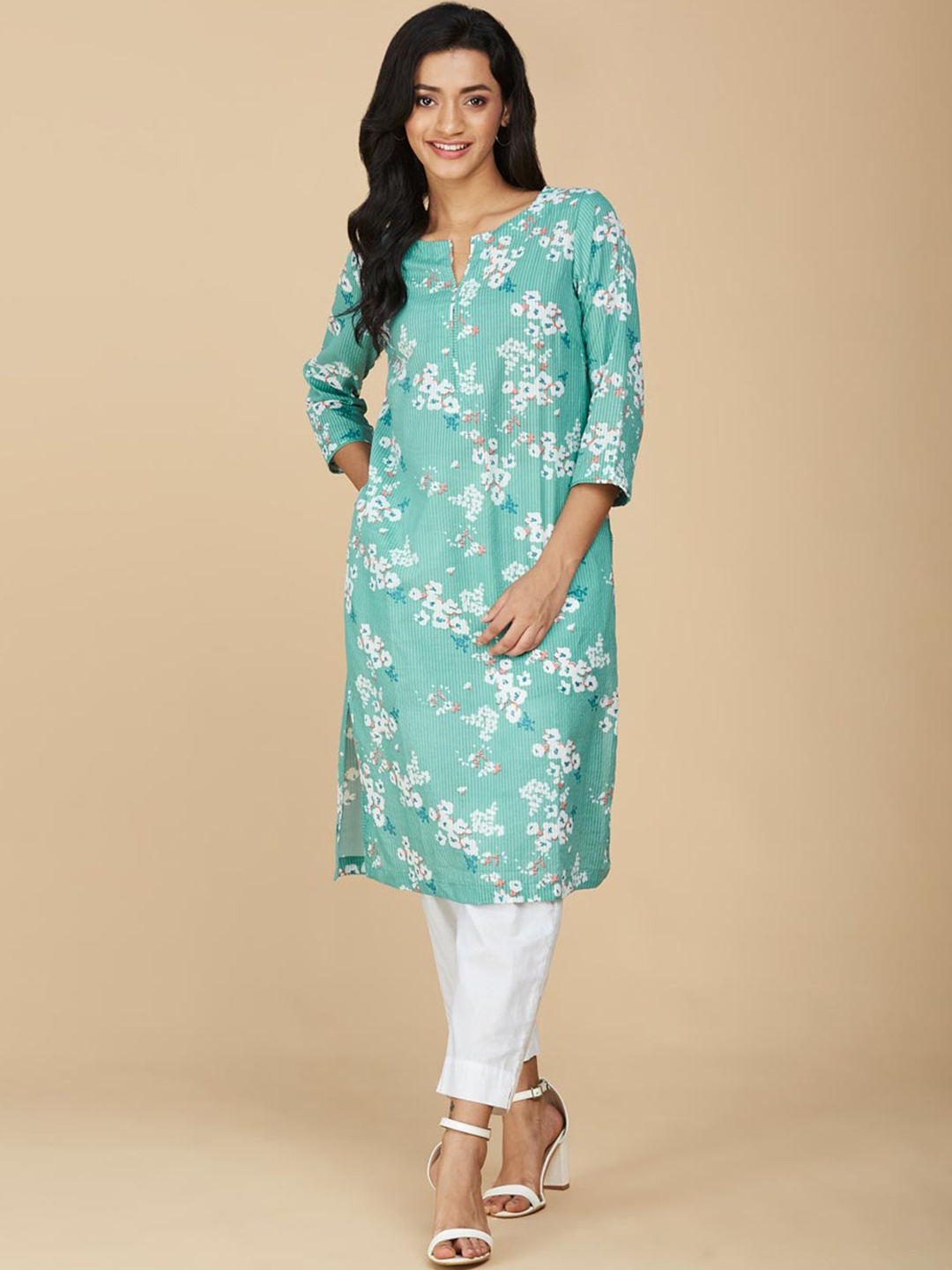 

Fabindia Floral Printed Pure Cotton Straight Kurta, Blue