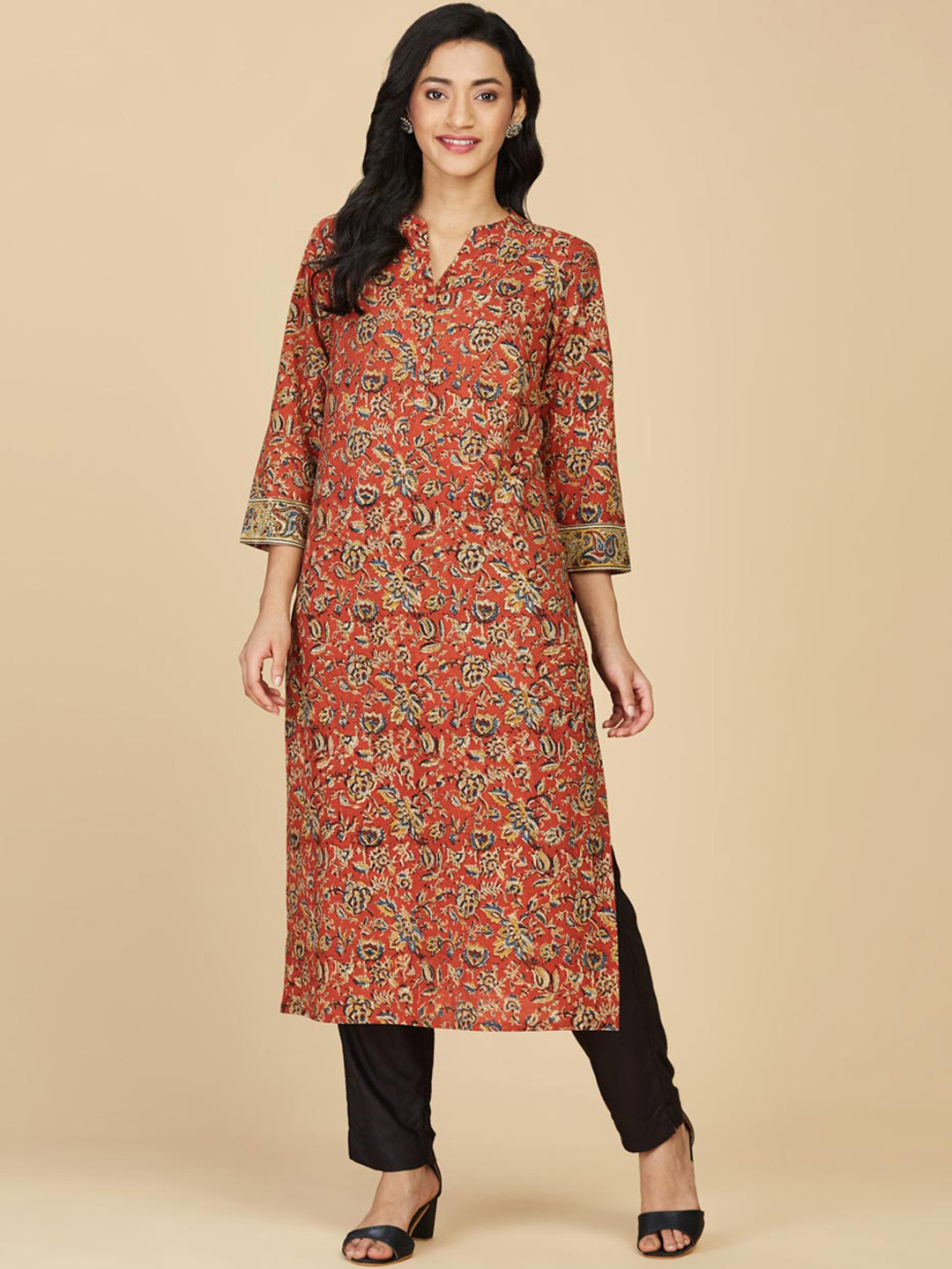

Fabindia Floral Printed Pure Cotton Straight Kurta, Red