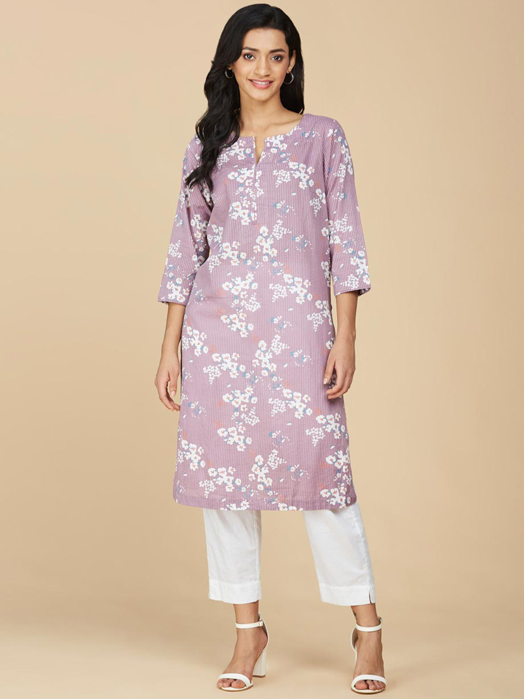 

Fabindia Floral Printed Pure Cotton Straight Kurta, Purple