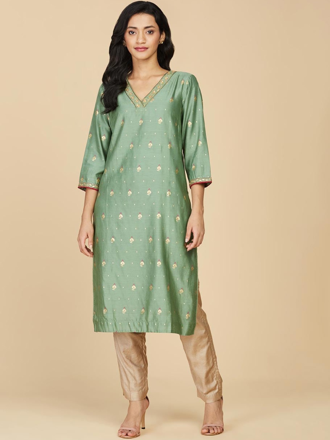 

Fabindia Floral Block Printed V-Neck Straight Kurta, Green