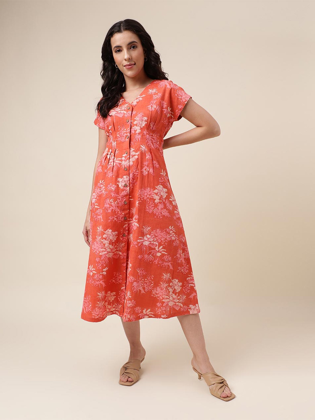 

Fabindia Floral Printed Cotton A Line Midi Dress, Peach