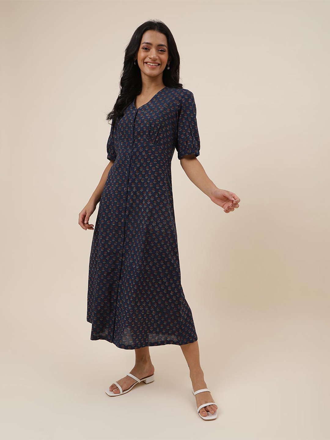 

Fabindia Floral Printed V-Neck Puff Sleeve Pure Cotton A-Line Midi Dress, Blue