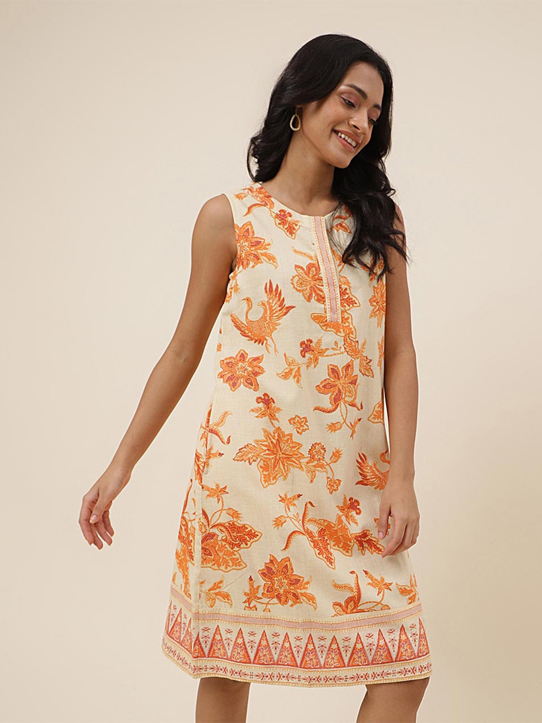 

Fabindia Floral Printed V-Neck Sleeveless Cotton A-Line Dress, Beige