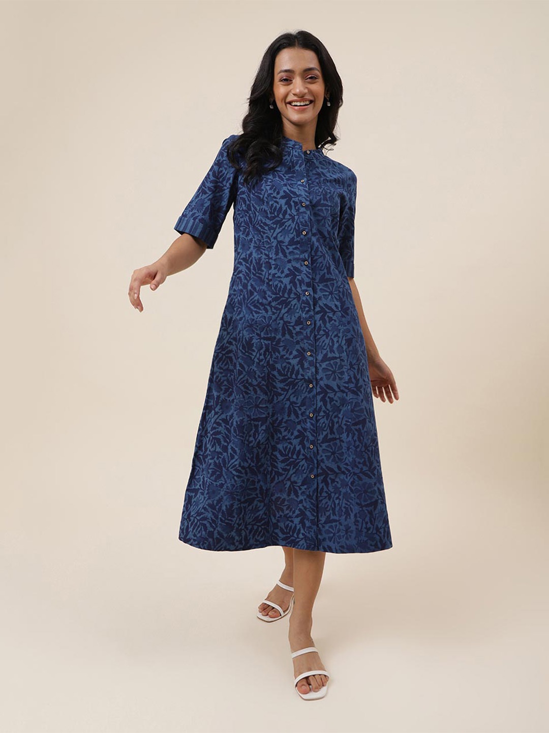 

Fabindia Floral Printed Mandarin Collar Pure Cotton A-Line Midi Dress, Blue