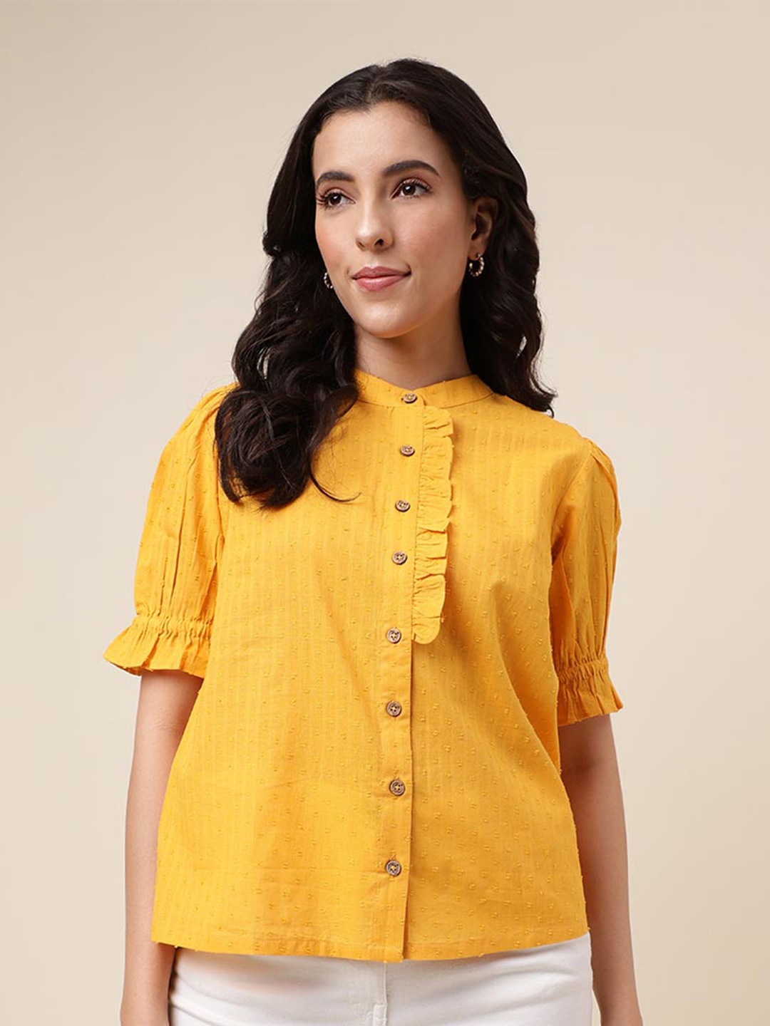 

Fabindia Self Design Puff Sleeves Cotton Shirt Style Top, Mustard