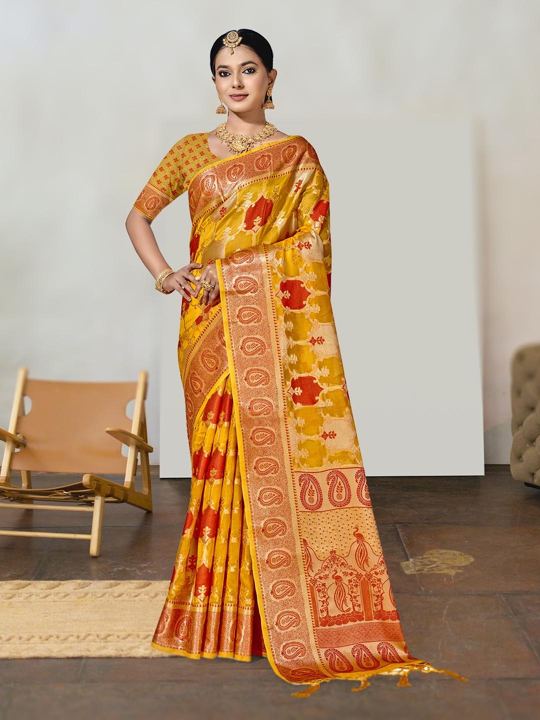 Anouk Ethnic Motifs Woven Design Zari Organza Saree, Yellow