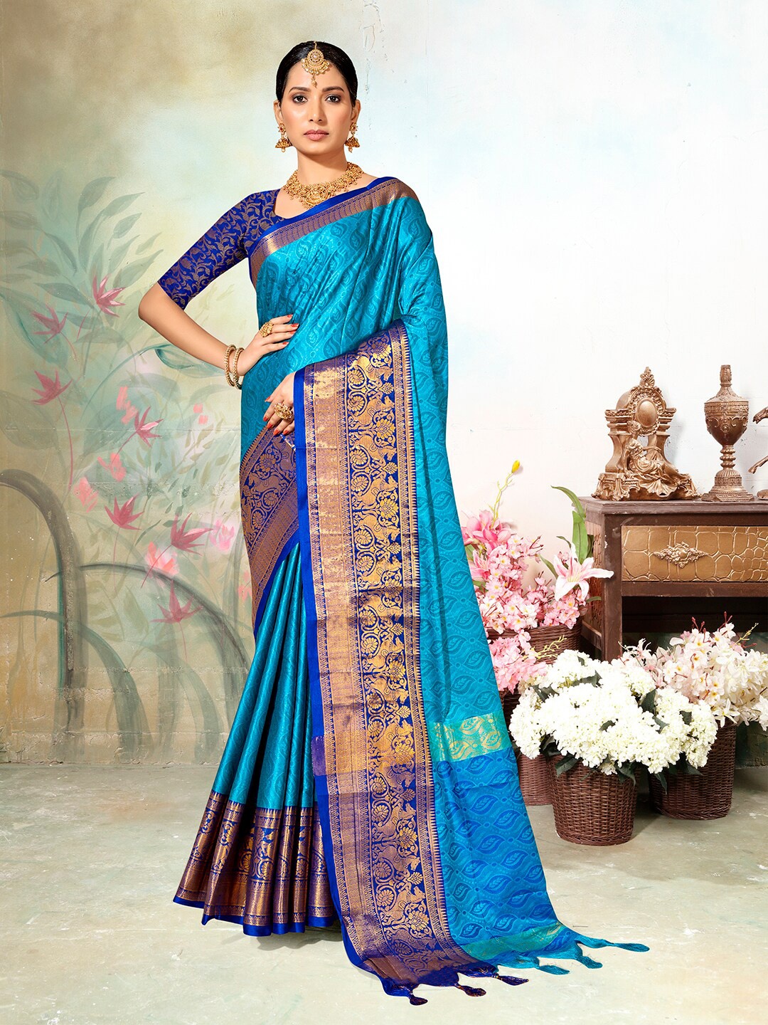 

Anouk Ethnic Motifs Woven Design Zari Art Silk Saree, Turquoise blue