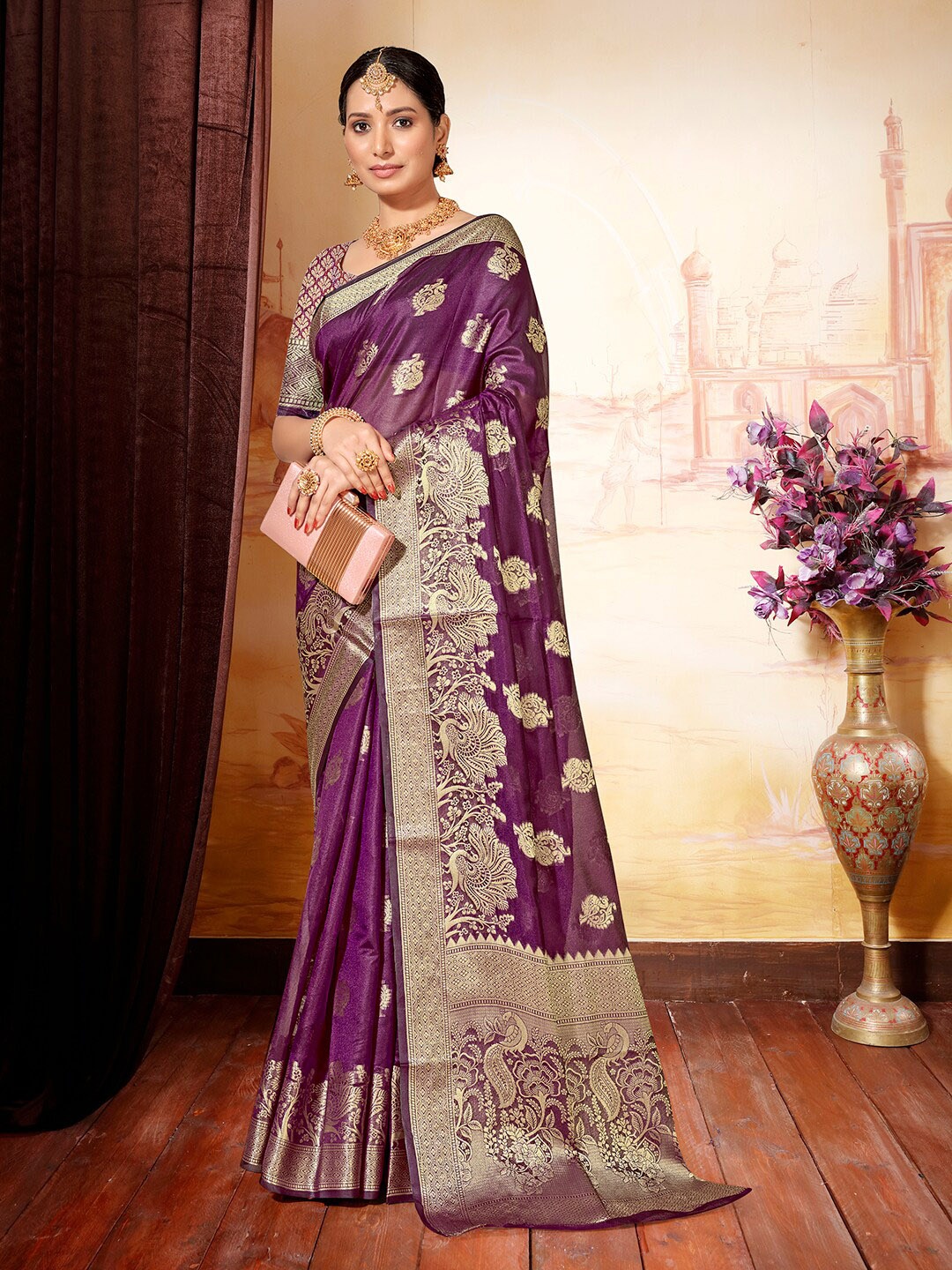 

Anouk Ethnic Motifs Woven Design Zari Organza Saree, Magenta
