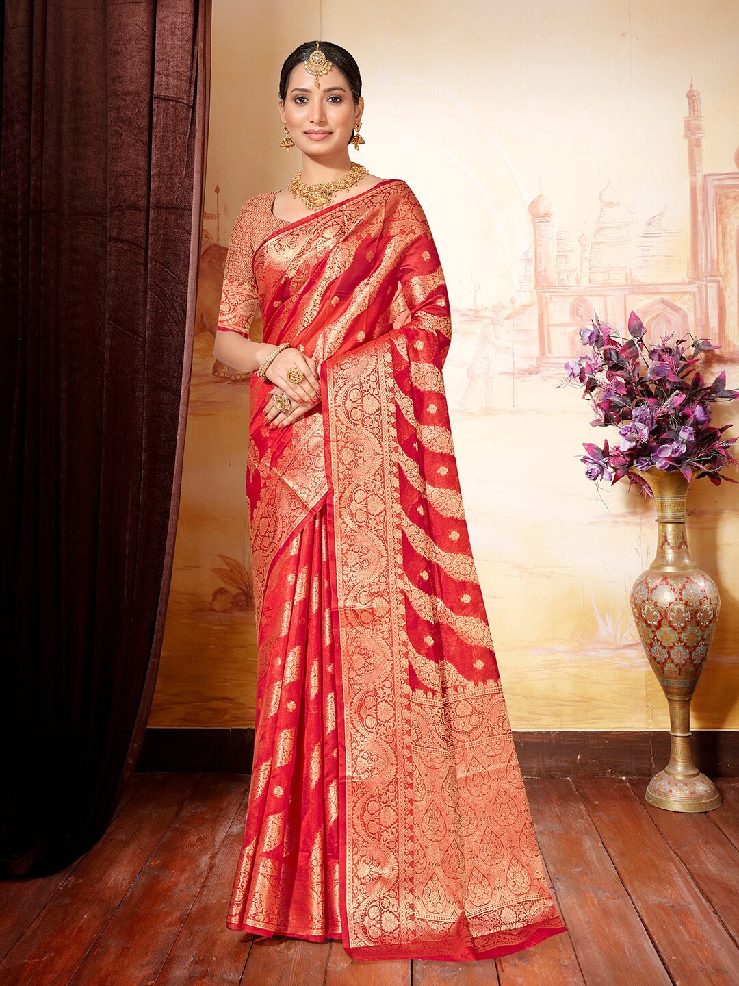 

Anouk Ethnic Motifs Woven Design Zari Organza Saree, Red